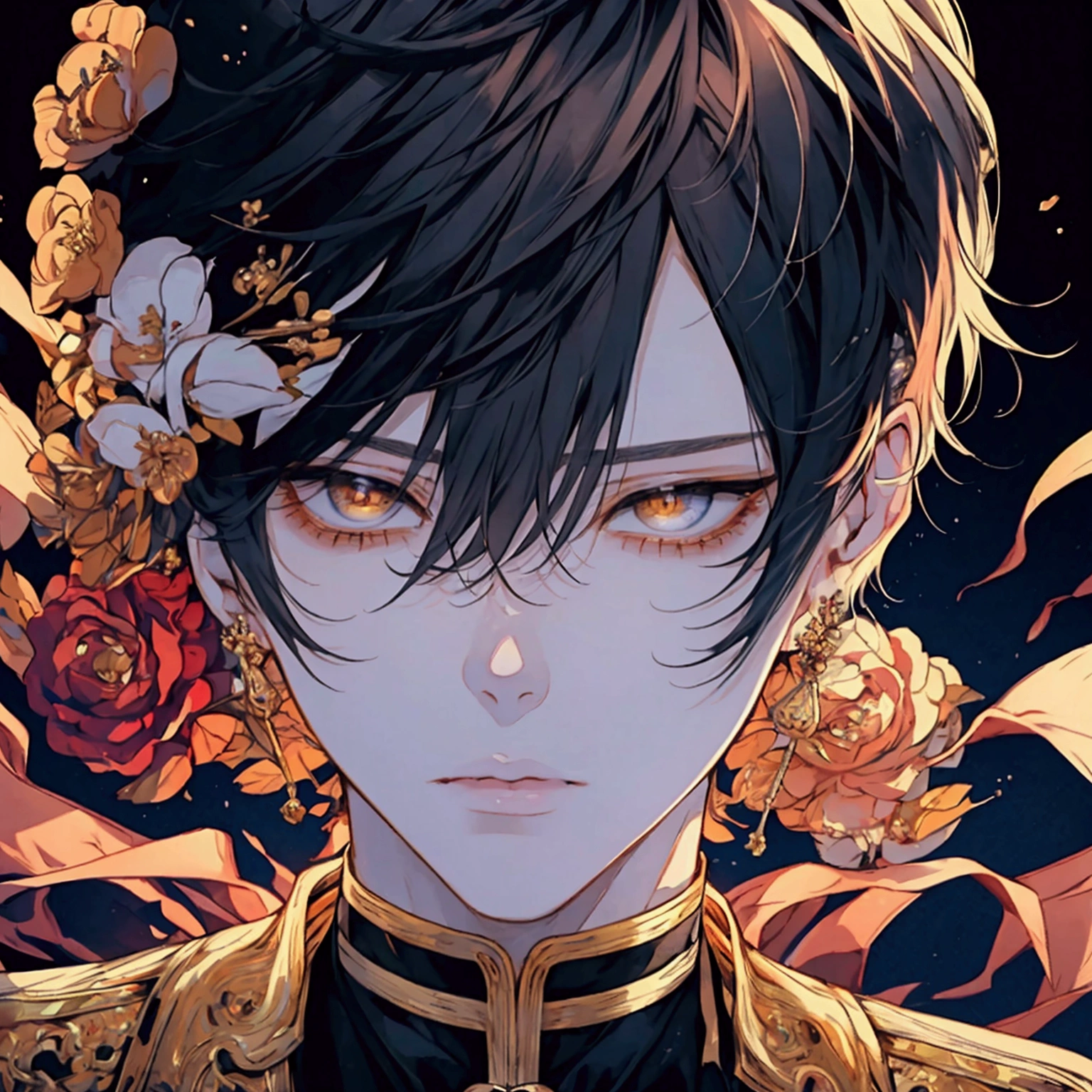 {{best quality}}}, {1boy}, depth of field, beautiful detailed eyes, {game cg}, angular face, beautiful guy, angular face, adult, watercolor on paper, {{{{{{2024 manhwa style}}}}}}, beautiful, y, {{{{perfect eyes}}}}, attractive, short hair, full lips, male model, cinematic masterpiece, {{{{{detailed high quality face}}}}}, 8k quality, {{{{{proportional face}}}}}, perfect face, stunning, perfect body, soft features, muted colors, Best quality, masterpiece, super high resolution, male, man, very handsome, beautiful, bright orange long hair, straight hair, bangs parted in the middle, solo, very attractive, golden eyes, shining, detailed background, ethereal, royal attire, royal clothes, very detailed, plump lips, sharp eyes, face view, golden eyes, yellow eyes