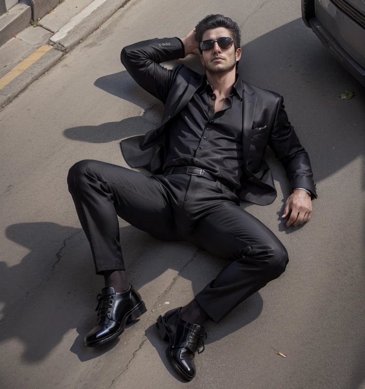 30 years old,One Man,Black suit,mafia,Lying on the ground,Spread your legs more,Black shoes下,Black shoes ,Black Hair,short hair,Stubble ,Top view Information　Pistol　Black sunglasses