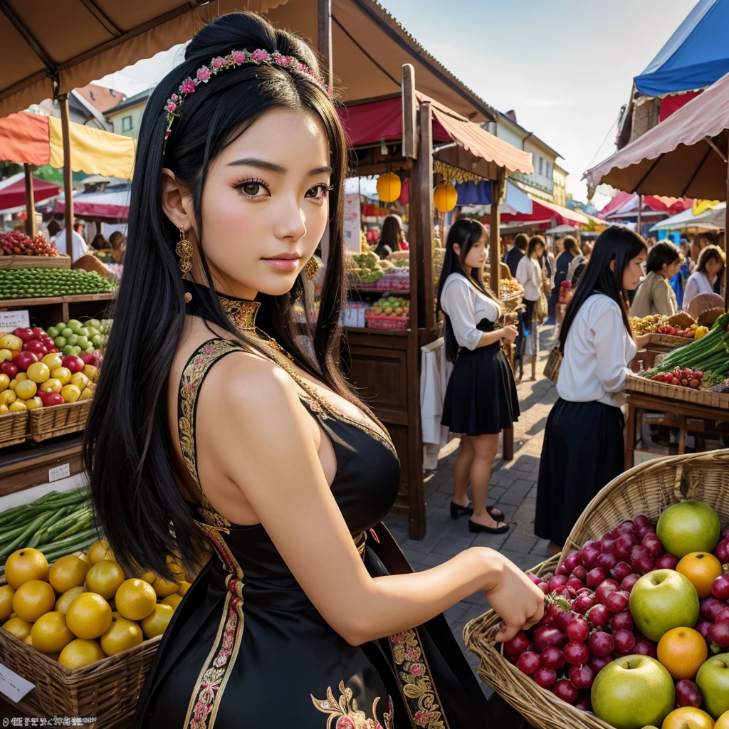 (anime,Realistic:1.2),[Japanese women],[Beautiful attention to detail],[Beautiful lip detail],[Big Breasts:1.6],[Long black hair],[Czech traditional costume],[Vibrant colors],[Ornate Gemstones],[wreath],[A bustling market scene],[Spices and fabrics in the background],[Golden sunset],[Rich cultural atmosphere],[Soft and warm lighting]