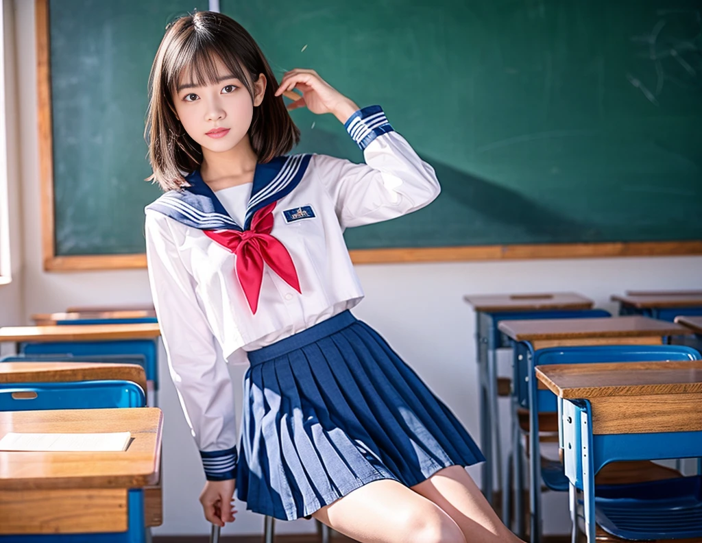 Raw photo , 1 girl  ,Wearing sailor uniform ,(((ankle length skirt))), ((teen school girl studying on on in the classroom)) , professional photographer, (hdr:1.4), masterpiece, ultra-realistic 8k, perfect artwork, intrincate details, cute face, award winning photograph, (Best quality, 8k, 32k, Masterpiece, UHD:1.3) ,