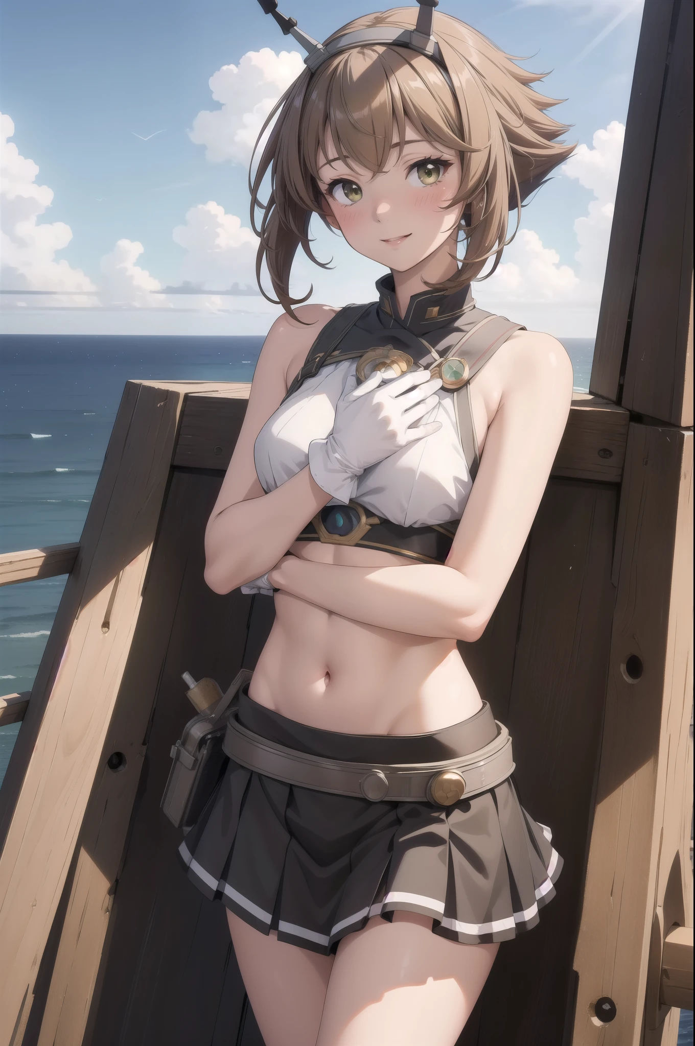 ((masterpiece)),(Highest quality),Official Art,Highly detailed CG,unity 8k wallpaper,Super detailed,Lighthouse on top of a cliff by the sea,One girl,一人in,white_gloves,brown_hair,short_hair,big_chest,black_skirt,green_eye,headgear,pleined_skirt,smile,Looking_in_Audience,abdomen,miniskirt,hairband,belly button,chestの谷間,wireless_antenna,Flipped_hair,blush,