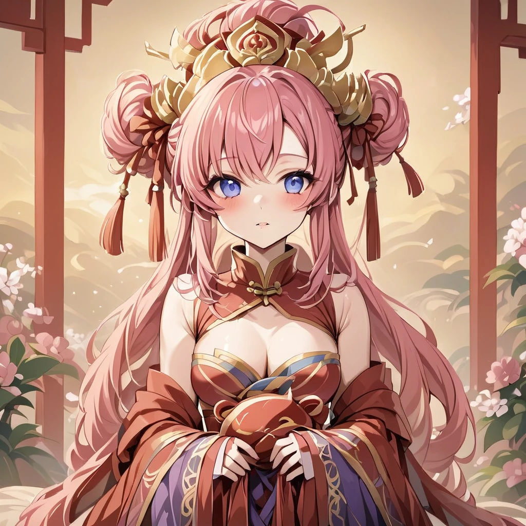 ((Highest quality)), ((masterpiece)), (detailed), (Perfect Face)、The woman with the appearance and hairstyle of an ancient Chinese empress is Lacus Clyne, with blue eyes, pink hair that is semi-long and tied up, wearing a gorgeous red ancient Chinese empress costume with gold embroidery and trim, a gorgeous empress headdress, and her hair is tied up like an ancient Chinese empress.