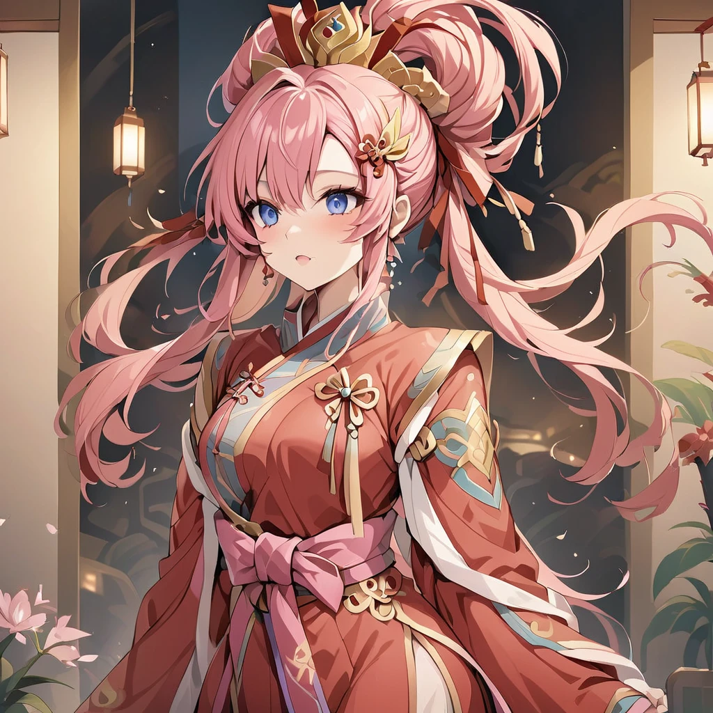 ((Highest quality)), ((masterpiece)), (detailed), (Perfect Face)、The woman with the appearance and hairstyle of an ancient Chinese empress is Lacus Clyne, with blue eyes, pink hair that is semi-long and tied up, wearing a gorgeous red ancient Chinese empress costume with gold embroidery and trim, a gorgeous empress headdress, and her hair is tied up like an ancient Chinese empress.