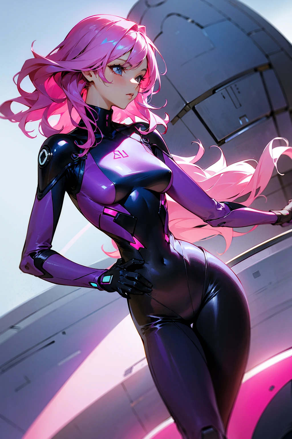 1female, pink hair, long and wavy, wearing a futuristic black and purple bodysuit, standing on a spaceship bridge, detailed face, hands to the side