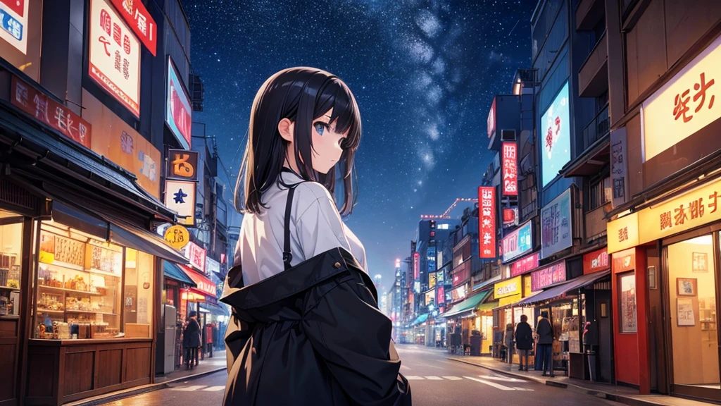 The story takes place in the Shinsekai area of Osaka.。A young girl with black hair wearing stylish clothes and headphones labeled "lo-fi" The girl is shown in profile, gazing into the distance with a calm, relaxed expression Background depicts the iconic scenery of Namba, Osaka at night, without any text on signs A starry night sky adding to the peaceful atmosphere Overall mood is quiet and serene, perfect for lo-fi music Detailed hair rendering and careful attention to the girl's fashionable outfit The entire scene should evoke a relaxing, introspective feeling associated with lo-fi music