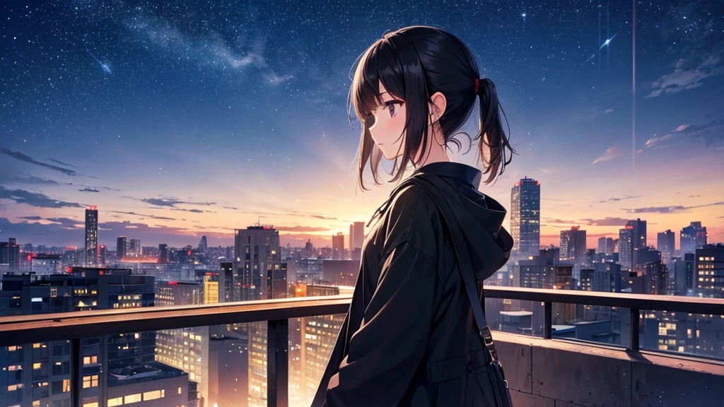 The story takes place in the Shinsekai area of Osaka.。A young girl with black hair wearing stylish clothes and headphones labeled "lo-fi" The girl is shown in profile, gazing into the distance with a calm, relaxed expression Background depicts the iconic scenery of Namba, Osaka at night, without any text on signs A starry night sky adding to the peaceful atmosphere Overall mood is quiet and serene, perfect for lo-fi music Detailed hair rendering and careful attention to the girl's fashionable outfit The entire scene should evoke a relaxing, introspective feeling associated with lo-fi music