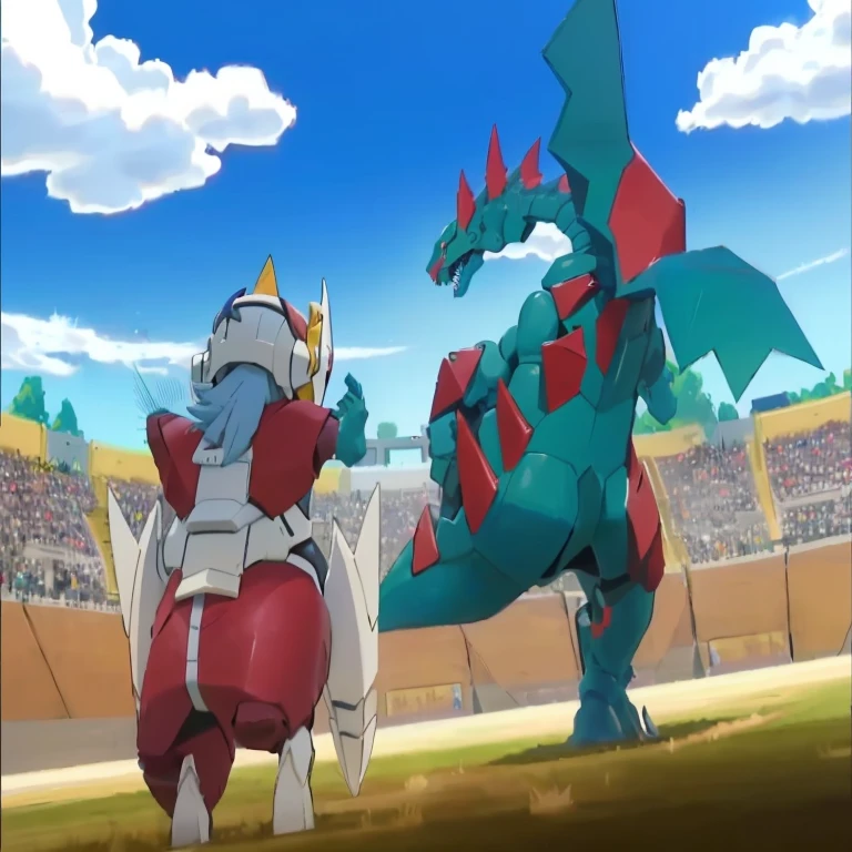 pokemon is playing with a giant dinosaur in a stadium, giratina, pokemon military drill, pokemon fighting at world war 2, by Alexander Fedosav, intense battle, gelbooru anime image, blastoise, by Viktor de Jeney, official art, dialga the pokémon, intense fighting, huge battle, they are fighting very angry