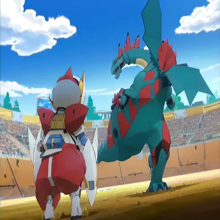 pokemon is playing with a giant dinosaur in a stadium, giratina, pokemon military drill, pokemon fighting at world war 2, by Alexander Fedosav, intense battle, gelbooru anime image, blastoise, by Viktor de Jeney, official art, dialga the pokémon, intense fighting, huge battle, they are fighting very angry