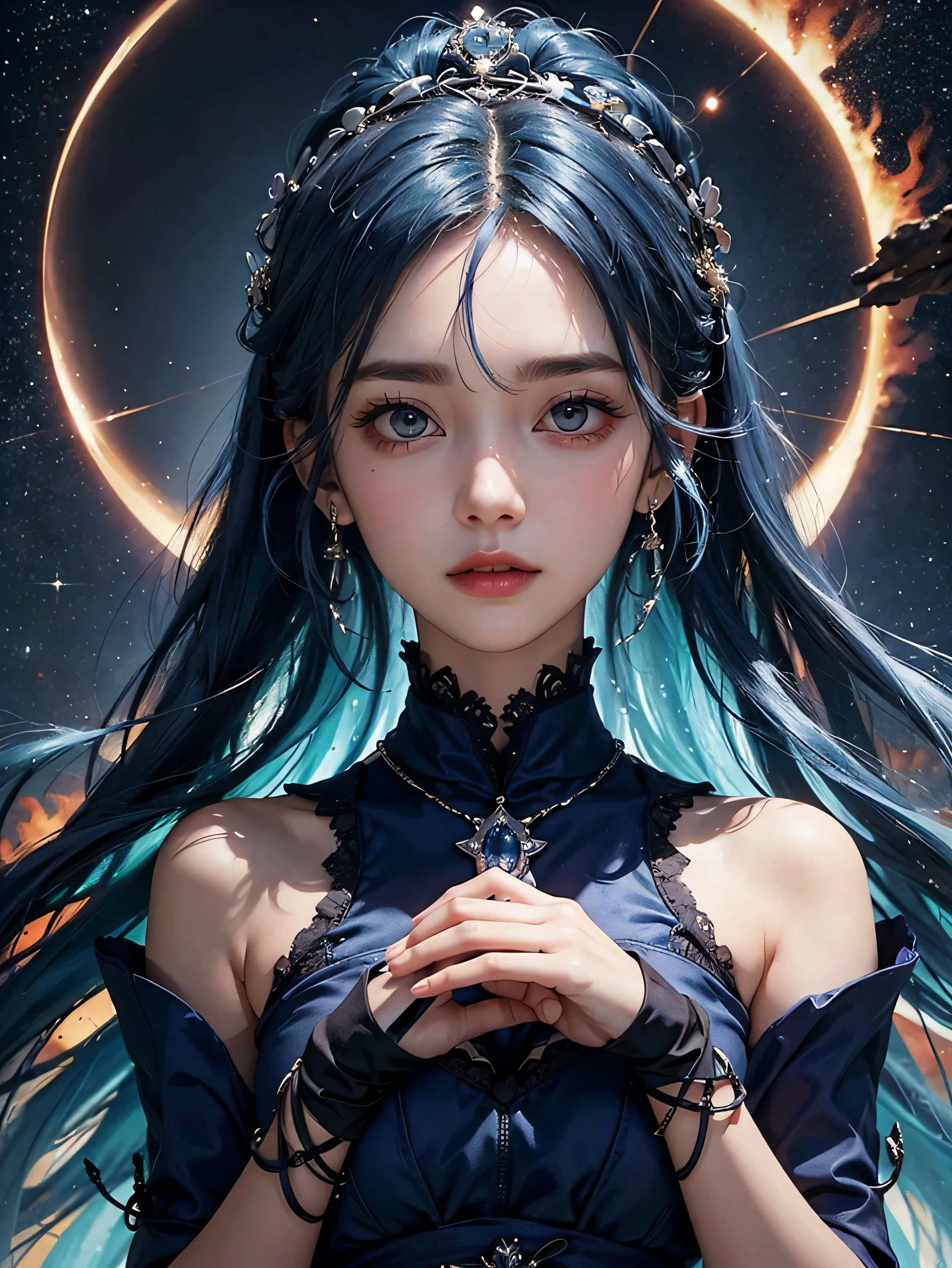 Ultra HD、A beautiful blue-haired character、Upper Body、Big eyes、Big eyes、Round eyes、fortune teller、Holding up the blue crystal、Red burning cheeks、Night scene with starry sky background、Wearing a gorgeous dress、Subtle details、A fantastic atmosphere、Anime style