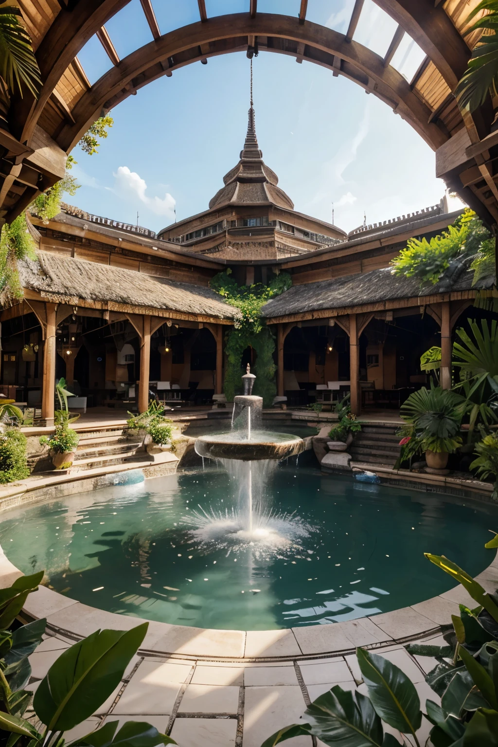 Full inside view for an Urban tropical village, hyperrealistic, hanging gardens, southeast asian architecture, megastructure, large grand bazaar, masterpiece, plaza, fountain,
