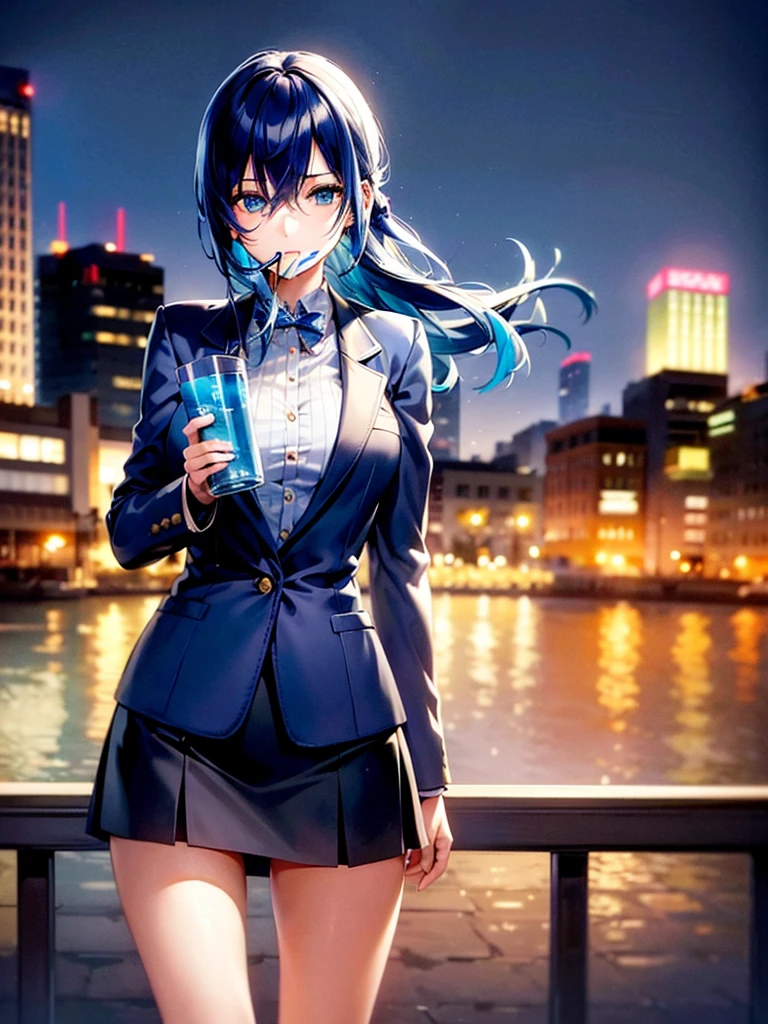a beautiful young woman, detailed blue hair, standing in city, confident expression, 18 years old, high detailed, semi-realistic, masterpiece, 8k, photorealistic, cinematic lighting, elegant anime girl, cosplay, Hoshimachi Suisei, Hololive, Vtuber, wearing oversized jacket and skirt, small breast, drinking box apple juice, accurate