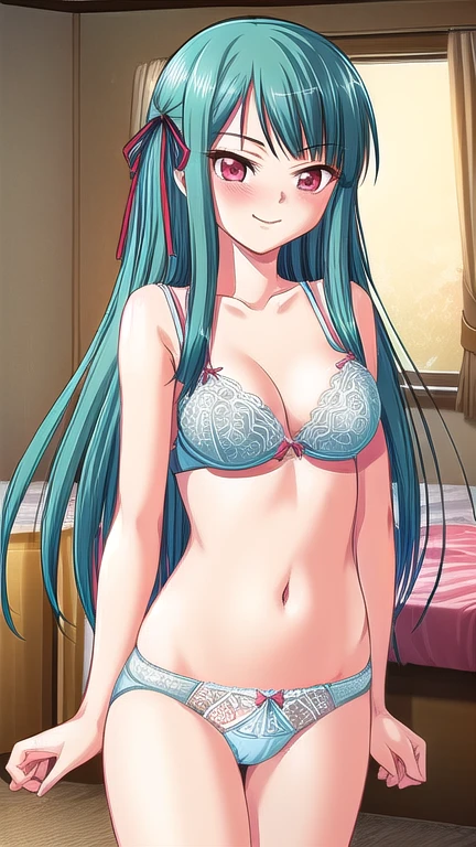 long_hair, hair_ribbon, aqua_hair, red eyes, game cg, Highly detailed face, masterpiece, Highest quality, A light smile, blush, wave hands, ((Highly detailed face)), Slender girl, whole body, (((White))), A light smile, Beautiful and clear eyes, (Mid-chest),(good),(Elaborately designed underwear),((Browsing Caution))(panties), (bra), (In underwear), (Flashy underwear), (lingerie),