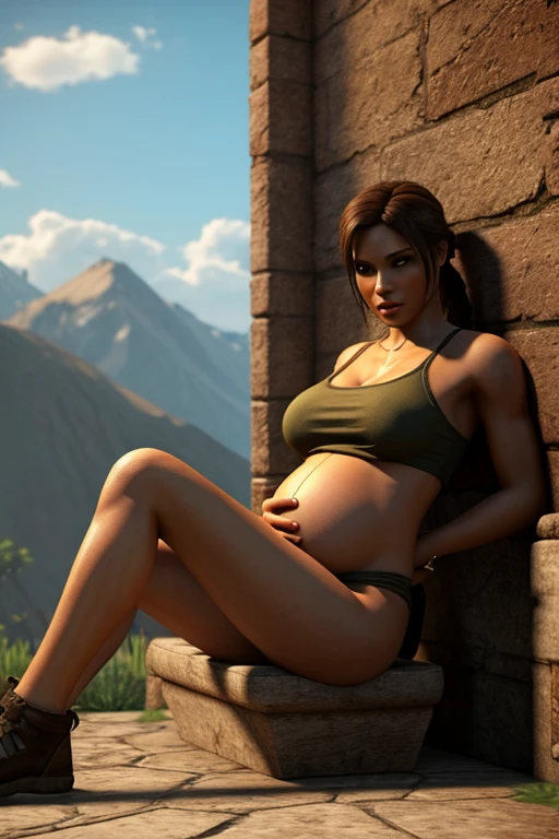 (masterpiece quality1.1), (insanely sophisticated detailed1.2), (realistic detailed beautiful face1.3), (1girl), beautiful face, RAW photo, best quality, high resolution, (masterpiece), Lara Croft, low angle shot, messy brunette hair tied back, skintight light gray tank top, skintight beige cargo pants, standing in jungle, ((massive belly)), ((incredibly overstuffed belly)), (photorealistic:1.4), dynamic volumetric lighting, professional photography, sharp focus, HDR, 8K resolution, beautiful angular face, high rating, intricate detail, sophisticated detail, depth of field, detailed soft eyes, big eyes, chubby, soft fat, smooth skin, tight clothes, undersized clothes, (correct anatomy1.6), ((hyper swollen belly1.5))