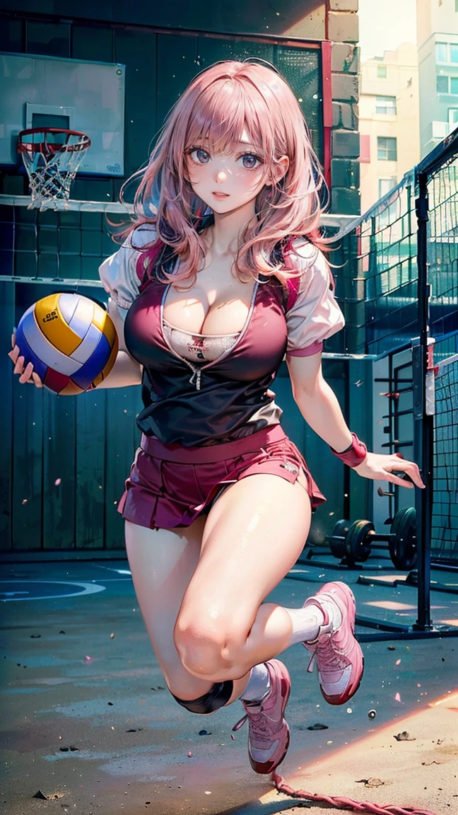 ((Highest quality, 8k, masterpiece :1.3)), (Sharp focus :1.2, Beautiful woman with perfect figure :1.4, Slim Abs), ((Big Breasts, Emphasize cleavage:1.2)), (Photorealistic:1.4), (realistic:1.4), (Pink Hair:1.5), Highly detailed face and skin texture, Fine grain, double eyelid. Makeup face, A little bit of lipstick, sex appeal, Sexy gravure pose, ((A high school girl in uniform、Playing volleyball in the gym。She is jumping to spike、Beautiful legs can be seen through the skirt。You can see the basketball goal in the background of the gym.。The red wristband is an accessory.。:1.3))
