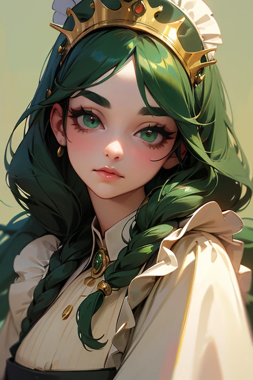 (Highest quality, masterpiece:1.2), High resolution, Very detailed, Realistic:1.37, Fantasy, An illustration, Green Eyes、Queen, Platinum decoration、beautifully、Eyeshadow Red、Thick eyebrows、Long eyelashes、pupils are black、Her hair is dark green、Gold crown、Kissing Face、Embarrassing、Beloved by the crowd、Hair is green、Braiding、(Fancy hair accessories)、Laugh gently、From the waist up、((Maid))