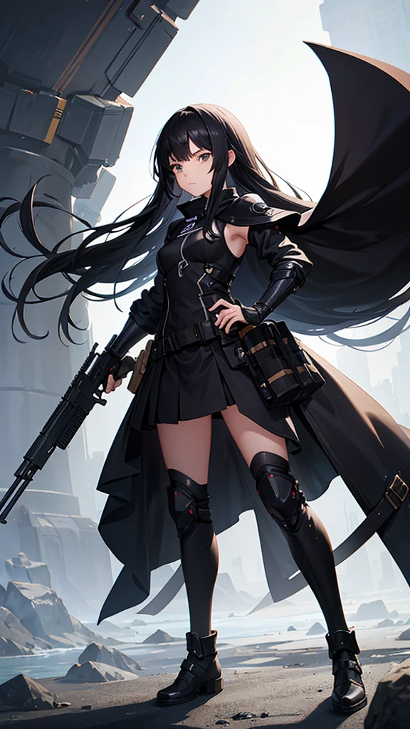 14 year old girl with weapons, long black hair, two arms, two legs 