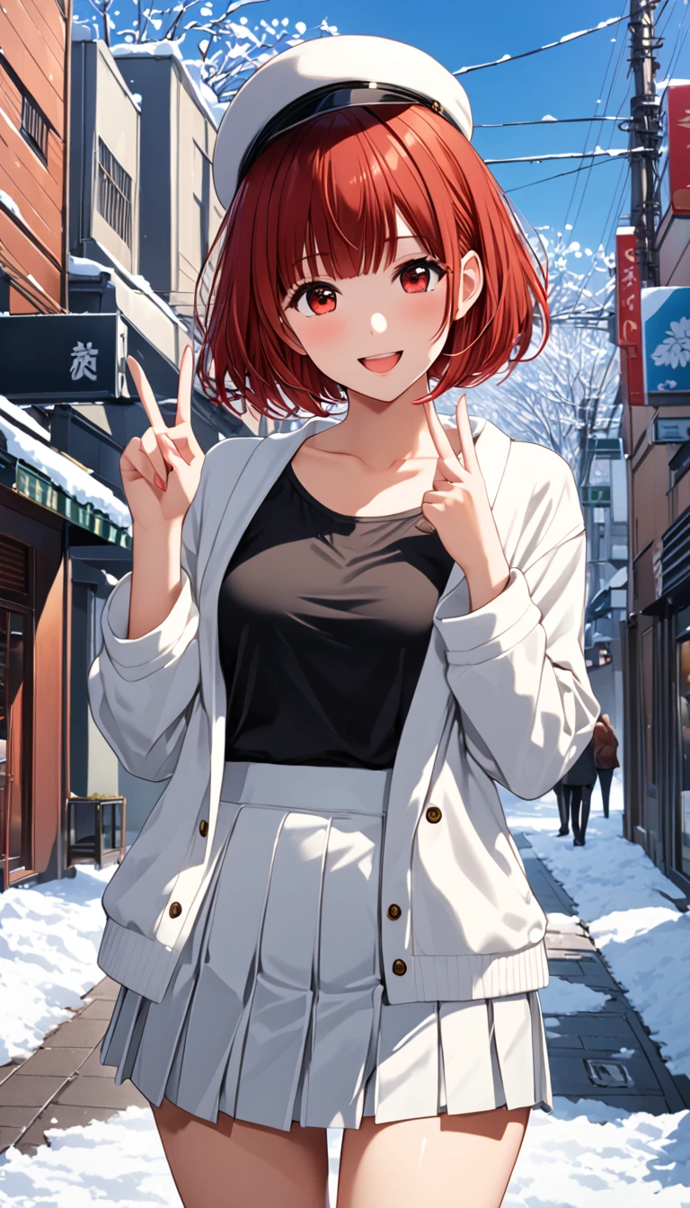 Expressiveh, masterpiece, best quality, ultra-detailed, higres, arimakana, 1girl, solo, beautiful and perfect face, red eyes, red hair, short hair, bob cut, smile, open mouth, blush, looking at viewer, double V gesture, hat, shirt, mini pleated skirt, open robe, pantyhose, medium breasts, slim body, curvy, standing, from front, close shot, outdoors, on the street in the middle of the city, snow scene in winter, sky,