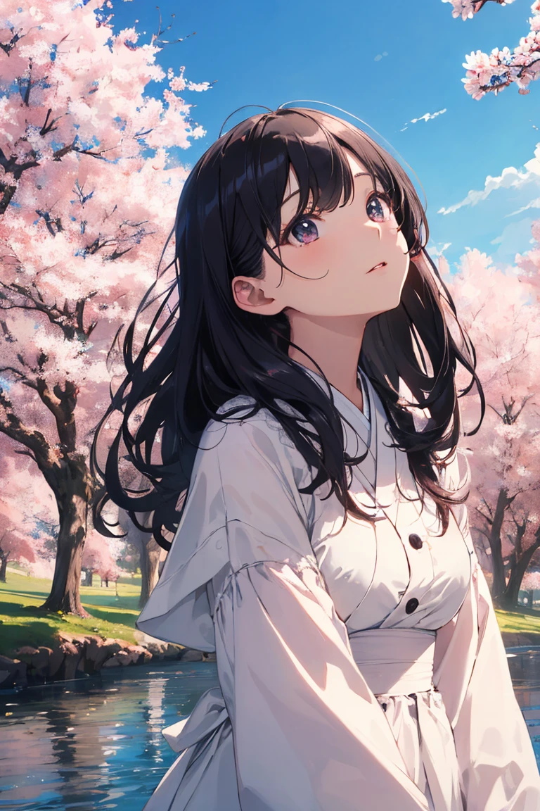 masterpiece,Highest quality,Japanese women,One Woman,Long Hair,Black Hair,Long sleeve dress,White dress,White skin,Big Eyes,Iris,Small breasts,Looking up at the sky,Cherry tree,river,sunny,