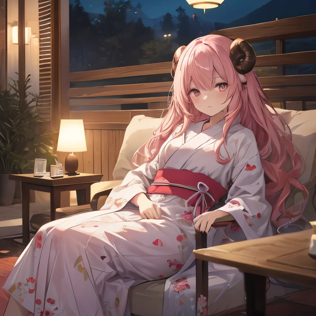 An anime-style illustration of ‘Fua-chan’ relaxing on a sofa in a hot spring facility’s rest area. Fua-chan has distinctive features: long pink hair styled in soft curls resembling sheep’s horns, and pink eyes. She is depicted wearing a comfortable yukata or robe long size, looking relaxed and content as she sits or reclines on a cozy sofa. Her hair is slightly damp from the bath. The background shows a serene and well-appointed rest area with soft lighting, wooden accents, and possibly other guests resting nearby. There might be elements like a cup of tea on a small table next to her, emphasizing the peaceful and rejuvenating atmosphere of the hot spring facility.