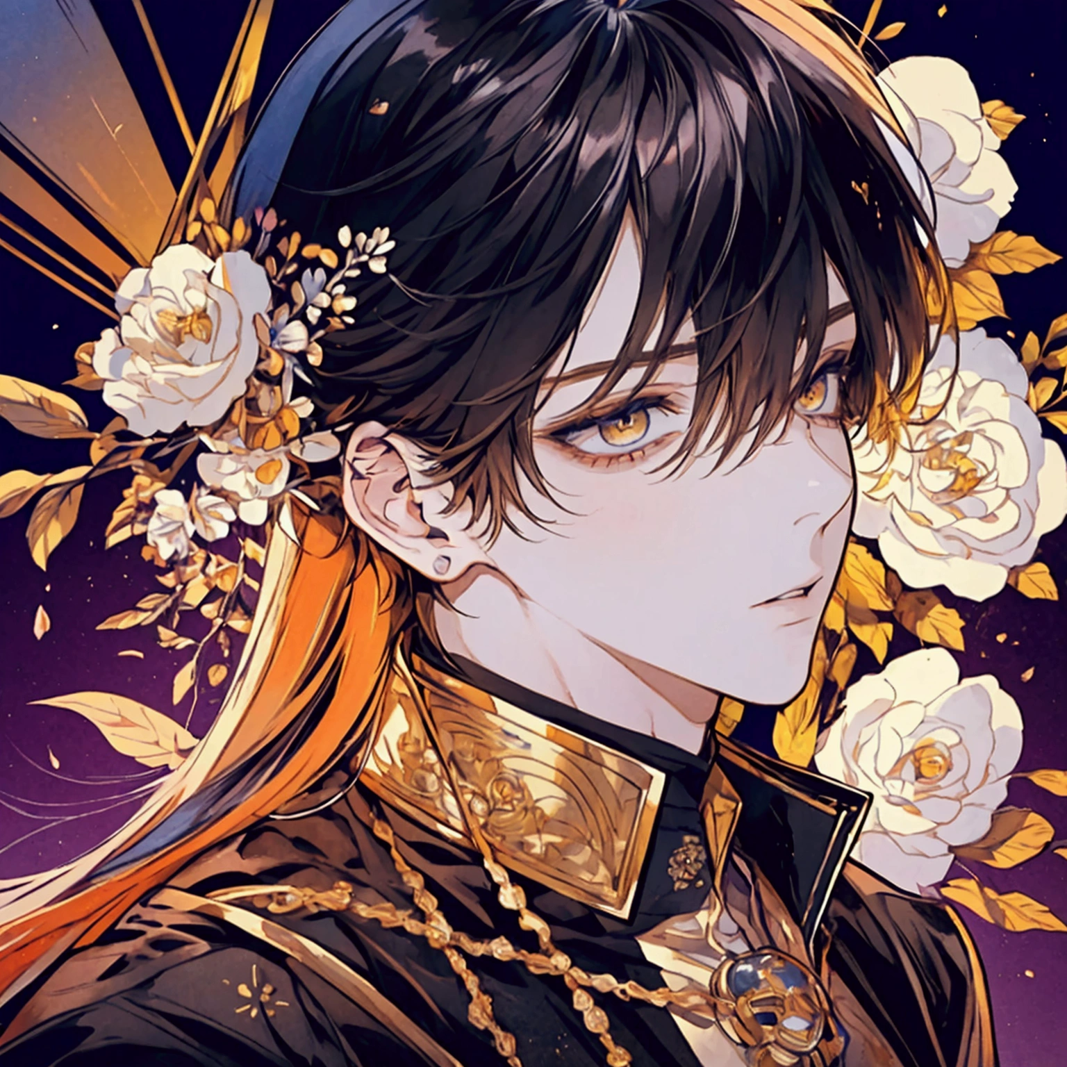 {{best quality}}}, {1boy}, depth of field, beautiful detailed eyes, {game cg}, angular face, beautiful guy, angular face, adult, watercolor on paper, {{{{{{2024 manhwa style}}}}}}, beautiful, sexy, {{{{perfect eyes}}}}, attractive, short hair, full lips, male model, cinematic masterpiece, {{{{{detailed high quality face}}}}}, 8k quality, {{{{{proportional face}}}}}, perfect face, stunning, perfect body, soft features, muted colors, Best quality, masterpiece, super high resolution, male, man, very handsome, beautiful, bright orange long hair, straight hair, bangs parted in the middle, solo, very attractive, golden eyes, shining, detailed background, ethereal, royal attire, royal clothes, very detailed, plump lips, sharp eyes, face view, golden eyes, yellow eyes, orange hair, Yellow hair, long hair