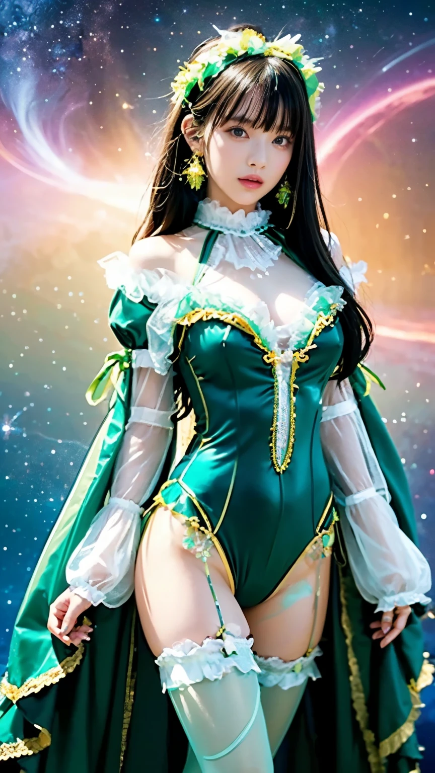 4K Ultra HD, masterpiece, A girl with a magical aura, (Nice face:1.2), Very long hair, Detailed eyes, Glossy Lips, Lolita Costume, (Green costume:1.5), Aura around the body, Magical Effects, Spreading white light, Cosmic elements and ethereal atmosphere, A mix of bright lights and colorful nebulae, Space Background, Perfect body,