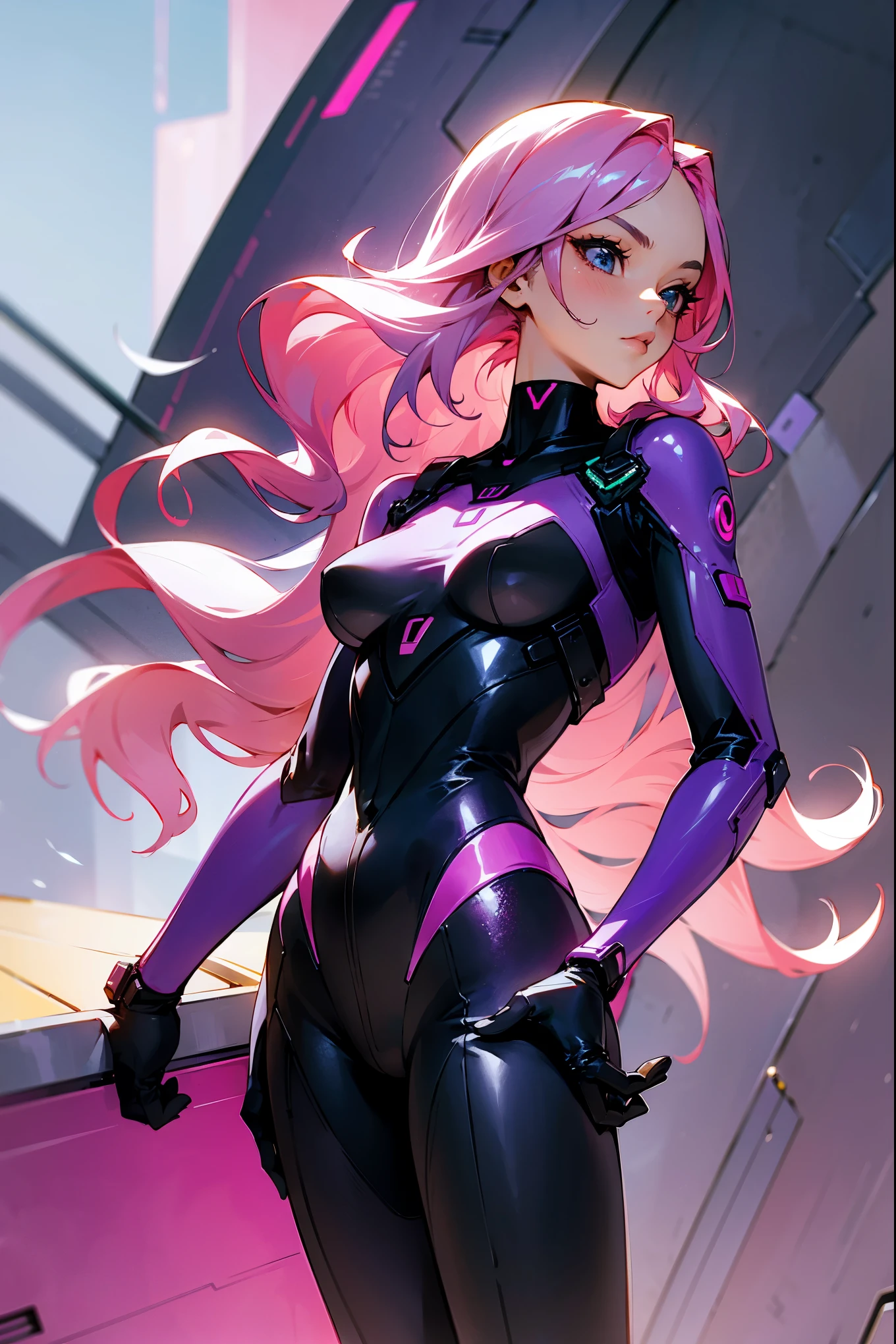 1female, pink hair, long and wavy, wearing a futuristic black and purple bodysuit, standing on a spaceship bridge, detailed face, hands to the side