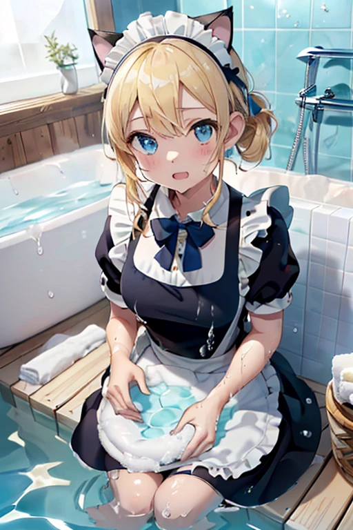 (Ultra high quality:1.6), (Highest quality:1.4), (Attention to detail:1.4), (Ultra-high resolution:1.6), (Detailed face:1.4), (Perfect Face:1,4), (Beautiful Eyes:1,6), (Detailed eyes:1.4), (Maid clothes, White apron, Headband, Black Dress, Blue ribbon, Maid clothes, Classic, Long:1.4), (白と黒のMaid clothes:1.6), (Blonde, Blue Eyes, Cat ear:1.4), cute, The best smile, Soaking wet, (Water droplets all over the body, Covered in foam:1.4), (Swimming in clothes, bathing, bath, Bathroom, Wooden bathtub:1.5), (relax, looks comfortable, Sit back, Sit back and relax:1.6),
(泡bath:1.5), (Entering the bathtub with clothes on, Submersion:1.6), (つま先から胸までSubmersion:1.6), 泡bath