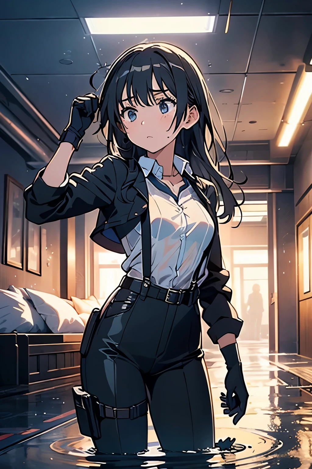 1 female, , high quality, masterpiece, Ultra-high resolution, , Cinema Lighting, , , And the suspenders with the cranes flying　　　Large Breasts　 　 　　　　Small face　 　　　holster　　　　　　　 Lying in bed　Looking up　　　　Sweat 　　　belt　summer　脇Sweat 　Black Hole Gloves　suit　shirt　　Black jacket　 Black trousers　Leg Links　ズボンにbelt　　holster　 　　Hands behind your back　 Anxious expression　Looking up　Anxious face, legs apart　Armament　Handgun　handcuffs　Cable ties　レッグholster　holster　See-through clothing　heavy rain　Getting wet in the rain