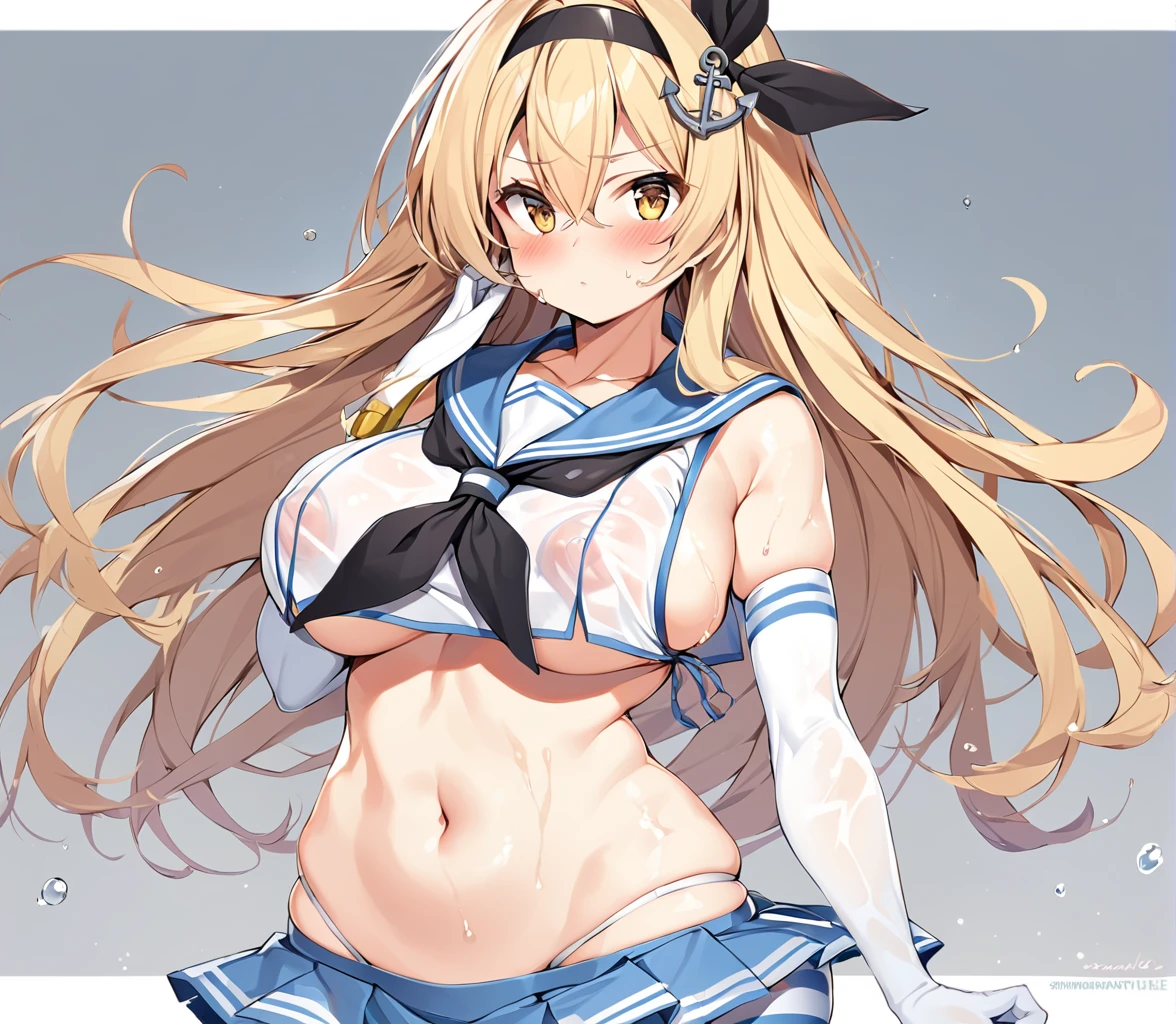 rensouhou-chan, shimakaze (kancolle), 1girl, solo, long hair, breasts, looking at viewer, blush, skirt, blonde hair, large breasts, simple background, hair ornament, thighhighs, gloves, white background, navel, hair between eyes, closed mouth, underwear, , collarbone, yellow eyes, pleated skirt, hairband, serafuku, sleeveless, elbow gloves, striped, white gloves, miniskirt, sailor collar, blue skirt, crop top, wet, neckerchief, sideboob, skindentation, highleg, black hairband, blue sailor collar, striped thighhighs, alternate breast size, microskirt, black neckerchief, anchor hair ornament