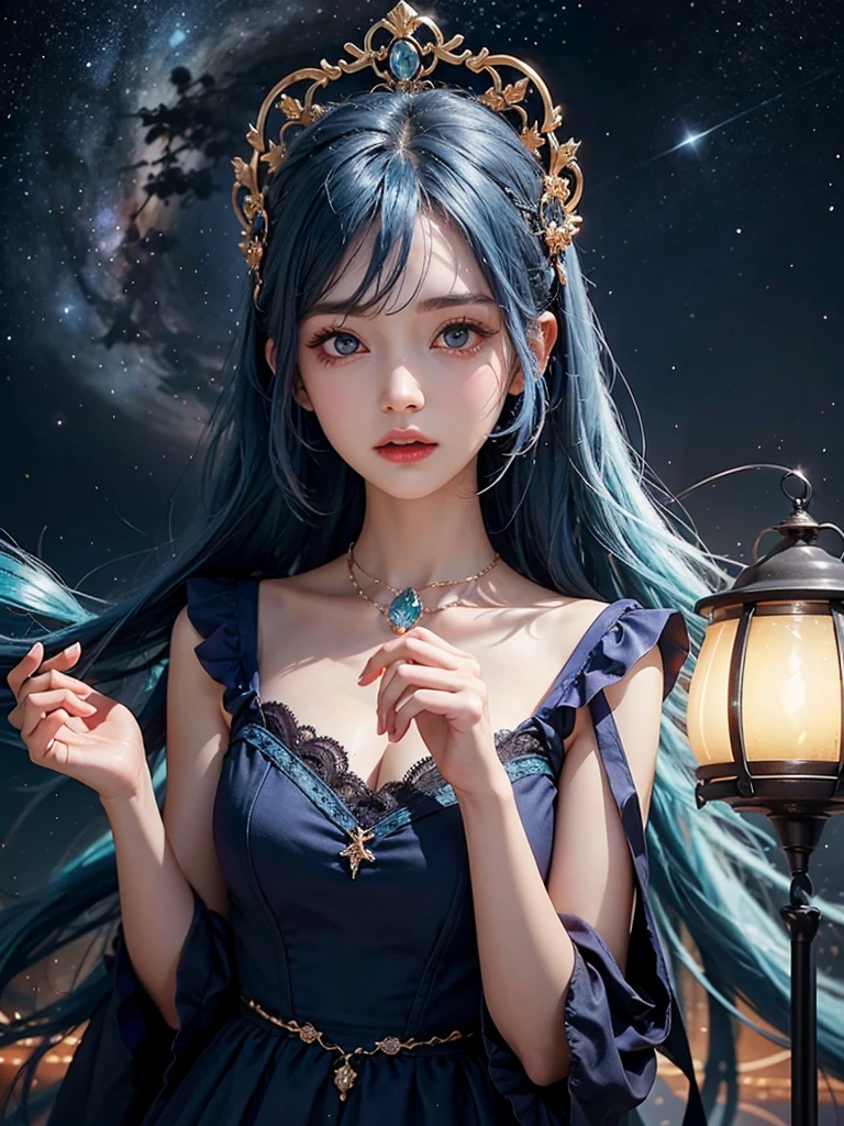 Ultra HD、A beautiful blue-haired character、Upper Body、Big eyes、Big eyes、Round eyes、fortune teller、Holding a blue crystal in both hands、Red burning cheeks、Night scene with starry sky background、Wearing a gorgeous dress、Subtle details、A fantastic atmosphere、Anime style