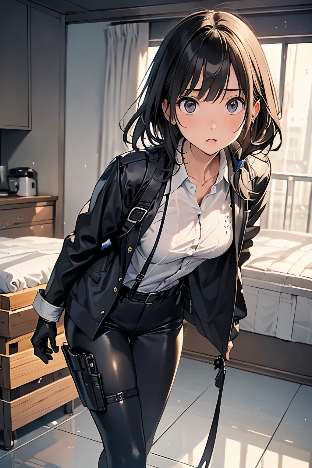 1 female, , high quality, masterpiece, Ultra-high resolution, , Cinema Lighting, , , And the suspenders with the cranes flying　　　Large Breasts　 　 　　　　Small face　 　　　holster　　　　　　　 Lying in bed　Looking up　　　　Sweat 　　　belt　summer　脇Sweat 　Black Hole Gloves　suit　shirt　　Black jacket　 Black trousers　Leg Links　ズボンにbelt　　holster　 　　Hands behind your back　 Anxious expression　Looking up　Anxious face, legs apart　Armament　Handgun　handcuffs　Cable ties　レッグholster　holster　See-through clothing　heavy rain　Getting wet in the rain
