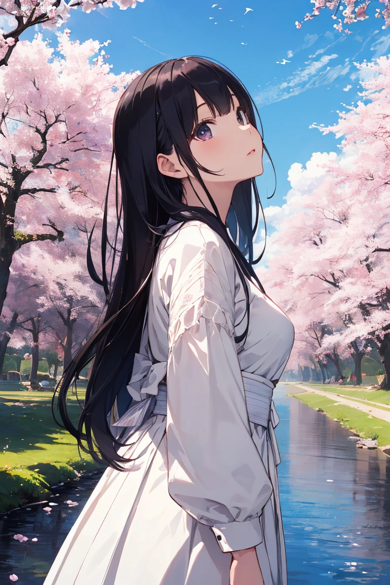 masterpiece，Highest quality，Japanese women，One Woman，Long Hair，Black Hair，Long sleeve dress，White dress，White skin，Big Eyes，Iris，Small breasts，Looking up at the sky，Cherry tree，river，sunny，