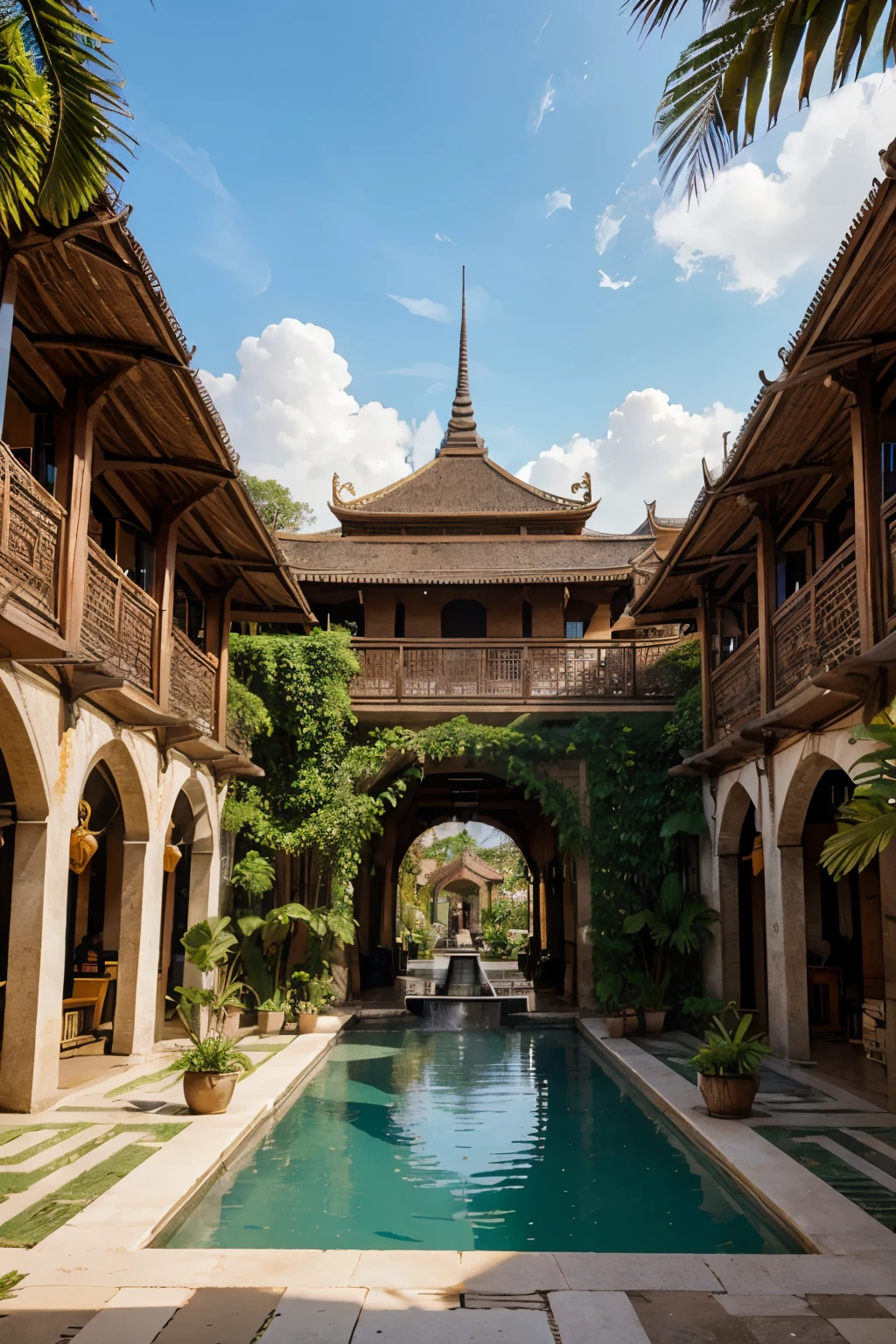 full exit view for an Urban tropical village, hyperrealistic, hanging gardens, southeast asian architecture, megastructure, large grand bazaar, masterpiece, plaza, fountain,
