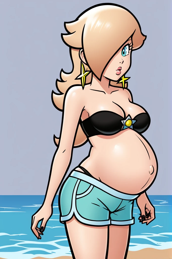 score_9, score_8_up, 1girl, solo, rosalina, style parody, thick outlines, black bikini, top, shorts, pregnant, belly, sleeveless, strapless, cleavage, beach, black nails