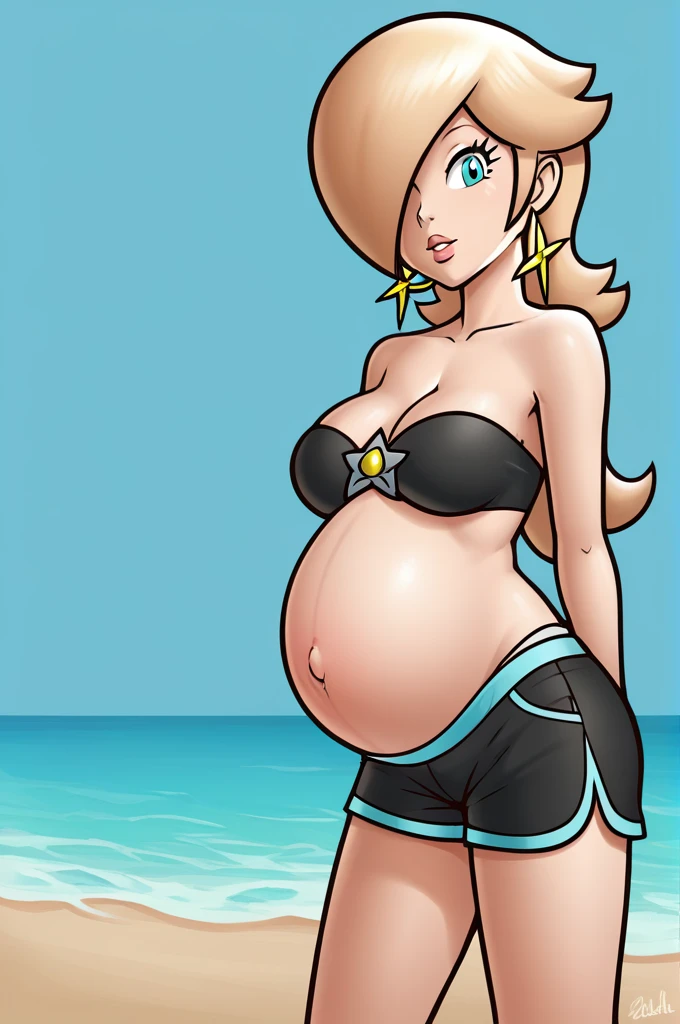 score_9, score_8_up, 1girl, solo, rosalina, style parody, thick outlines, black bikini, top, shorts, pregnant, belly, sleeveless, strapless, cleavage, beach, black nails