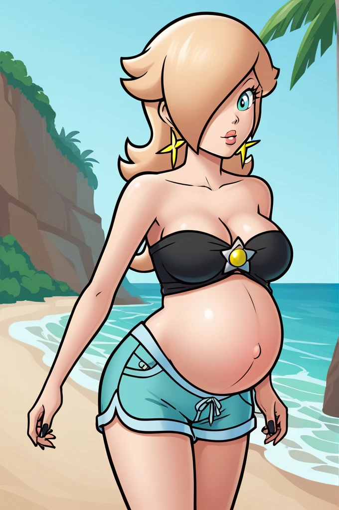 score_9, score_8_up, 1girl, solo, rosalina, style parody, thick outlines, black bikini, top, shorts, pregnant, belly, sleeveless, strapless, cleavage, beach, black nails