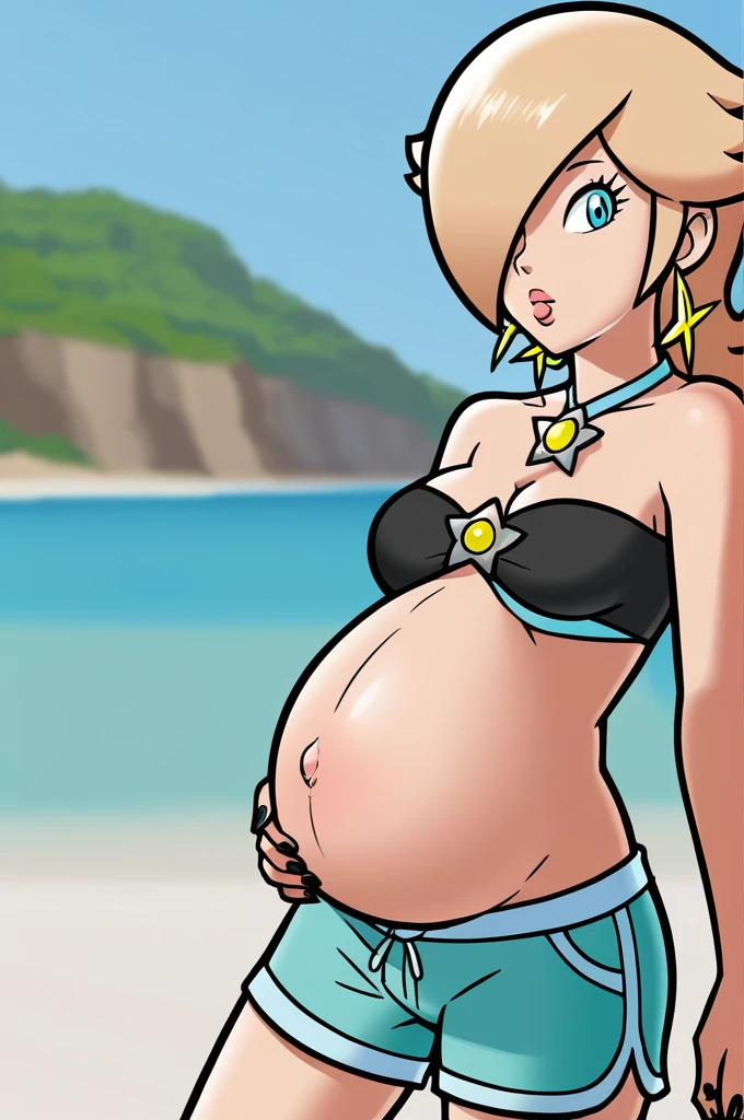 score_9, score_8_up, 1girl, solo, rosalina, style parody, thick outlines, black bikini, top, shorts, pregnant, belly, sleeveless, strapless, cleavage, beach, black nails