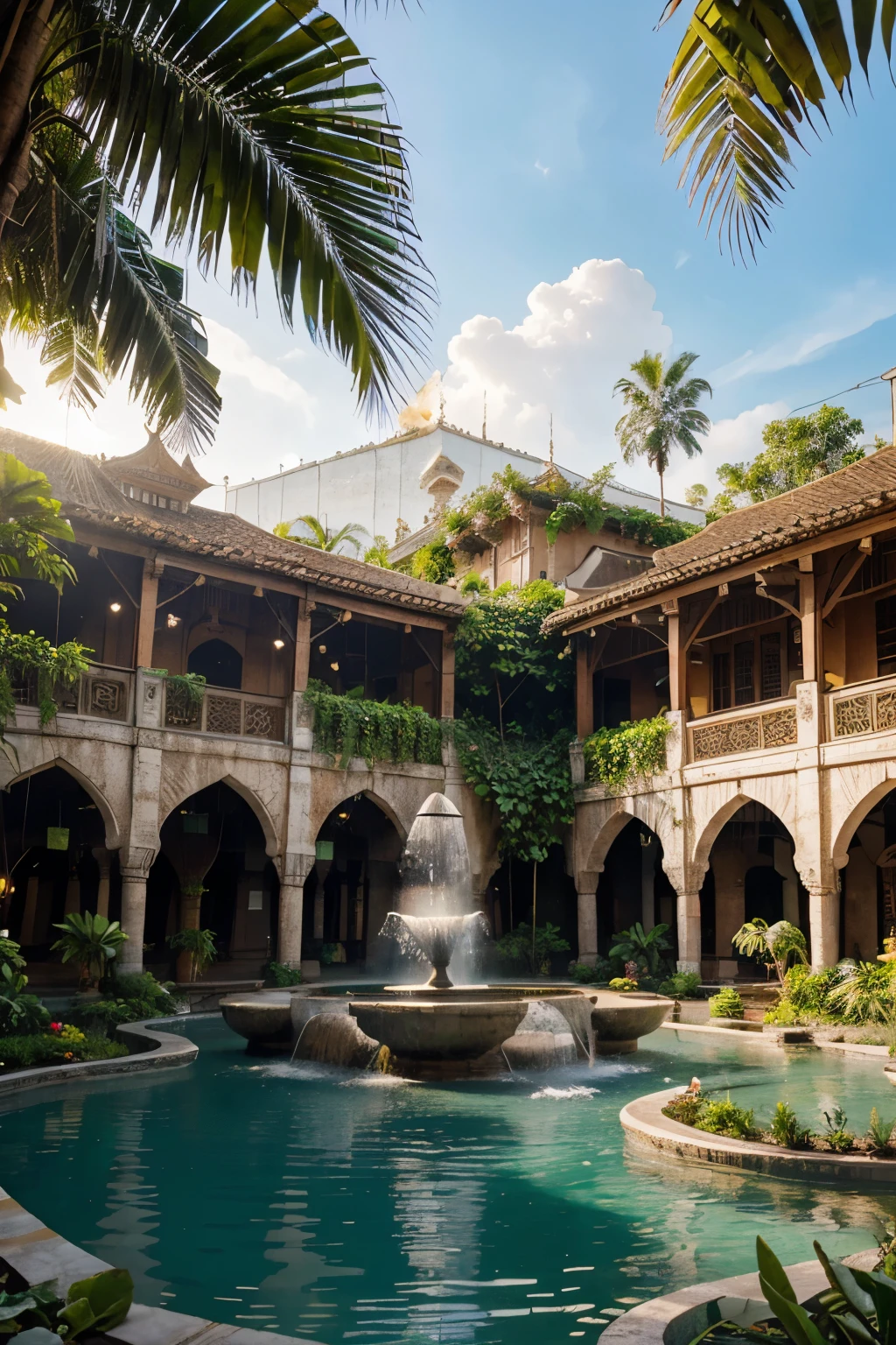 full exit view for an Urban tropical village, hyperrealistic, hanging gardens, southeast asian architecture, megastructure, large grand bazaar, masterpiece, plaza, fountain,