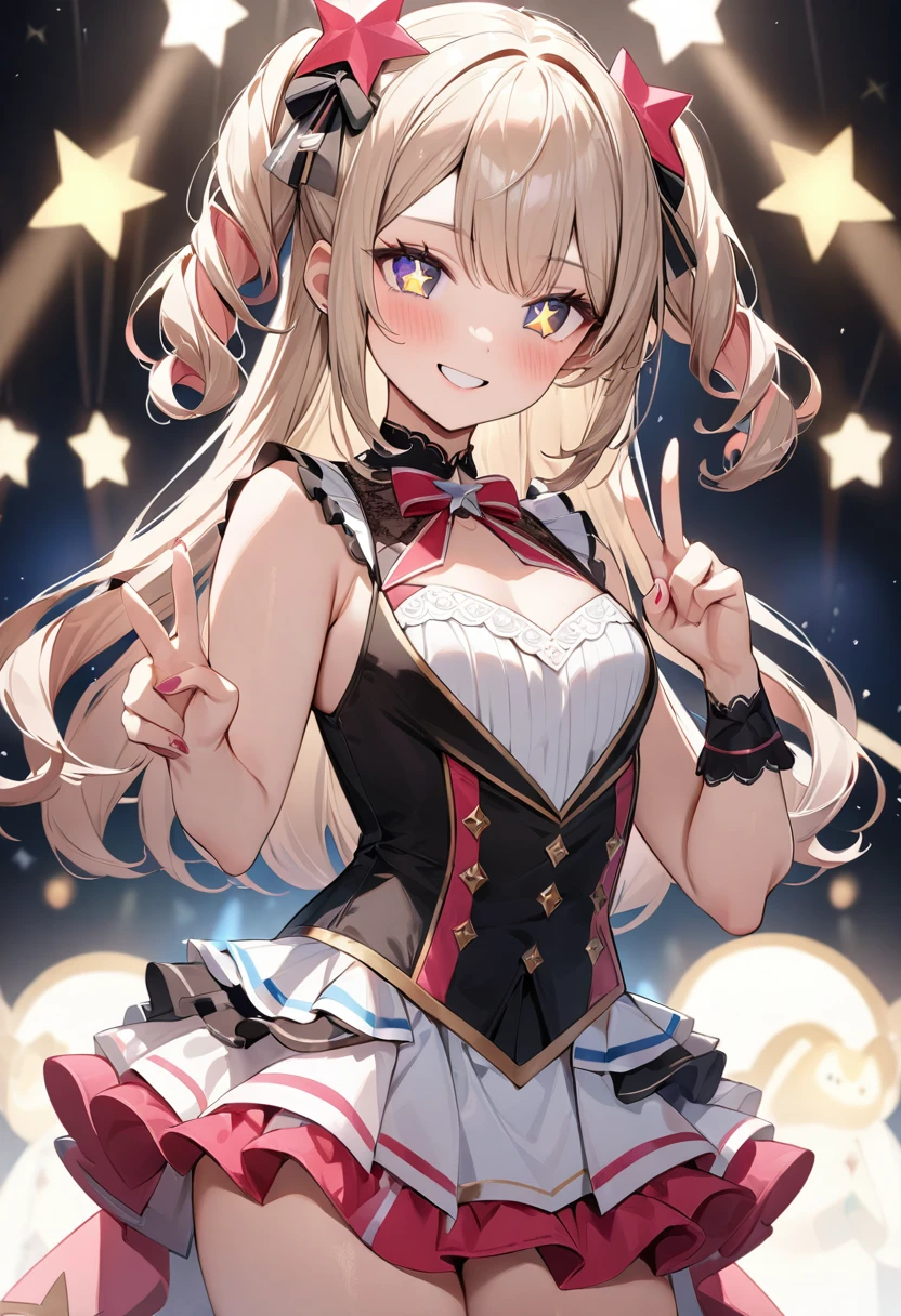 (masterpiece, top quality, very aesthetic, 4k、illustration), intricate detail, 1woman,contrapposto 、,(cowboy shot)、Close-up of face、v sign,(star-shaped pupils),Cute 、lovey smile、Random Hair Color、,middle hair,sidelock ,Random Color　eyes、idol clothes、small breasts、Slim 、