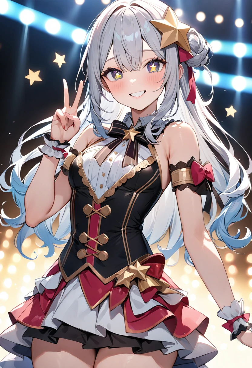 (masterpiece, top quality, very aesthetic, 4k、illustration), intricate detail, 1woman,、solo,contrapposto 、,(cowboy shot)、(pupils sparkling),Cute ,one eye closed、pose、happy smile、Random Hairstyle、Random Hair Color、,middle hair,sidelock ,Random Color eyes、idol clothes、small breasts、Slim 、