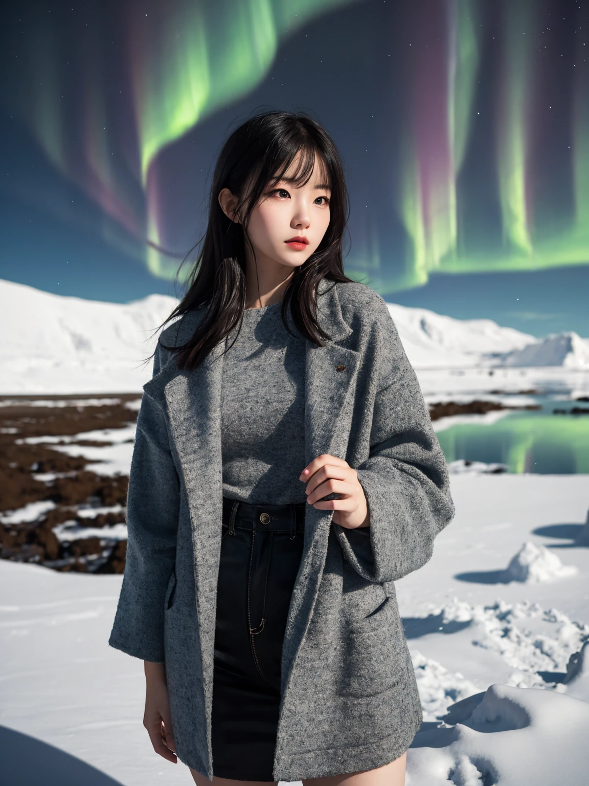 Aurora Background, Iceland, 1 woman, stylish clothes,