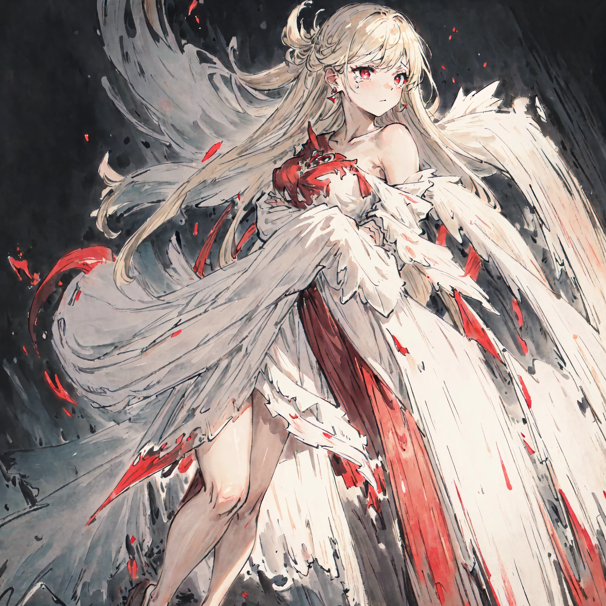 masterpiece, best quality, an extremely delicate and beautiful girl,an extremely delicate and beautiful, world masterpiece theater, ultra-detailed, highly detailed, best quality, blonde hair, highres, extremely detailed,1girl, best quality, illustration, looking at viewer, impasto, canvas, oil painting, realistic, realist ,real, Pose: The girl stands sideways, right hand raised above her head, wrist bent softly. The left arm hangs loosely along the body, creating a feeling of confidence and pride. Her right leg is slightly raised, her weight is focused on her left leg, creating a graceful and flexible appearance. Costume: The girl wears a soft white dress that hugs her perfect body curves, highlighting her body's seductive curves. However, this shirt is designed with torn shoulders and sleeves along the back, revealing part of the collarbone and shoulder blades. The dress that hugged her long, slender legs also had tears, revealing some of the skin underneath. Expression: The girl's face has a sharp and cold beauty. Sharp eyes looked straight ahead, exuding determination and strength. However, her skin is somewhat pale and lifeless, creating a magical and mysterious beauty. Her long white hair flutters in the wind, creating a generous and free appearance like an eagle. Context: The girl stands in front of a dark space. The light shines on the girl from behind, creating long shadows and highlighting the contours of her body. Appearance: White hair, dark red eyes, elegant face, wearing red teardrop-shaped earrings, pinkish white skin.