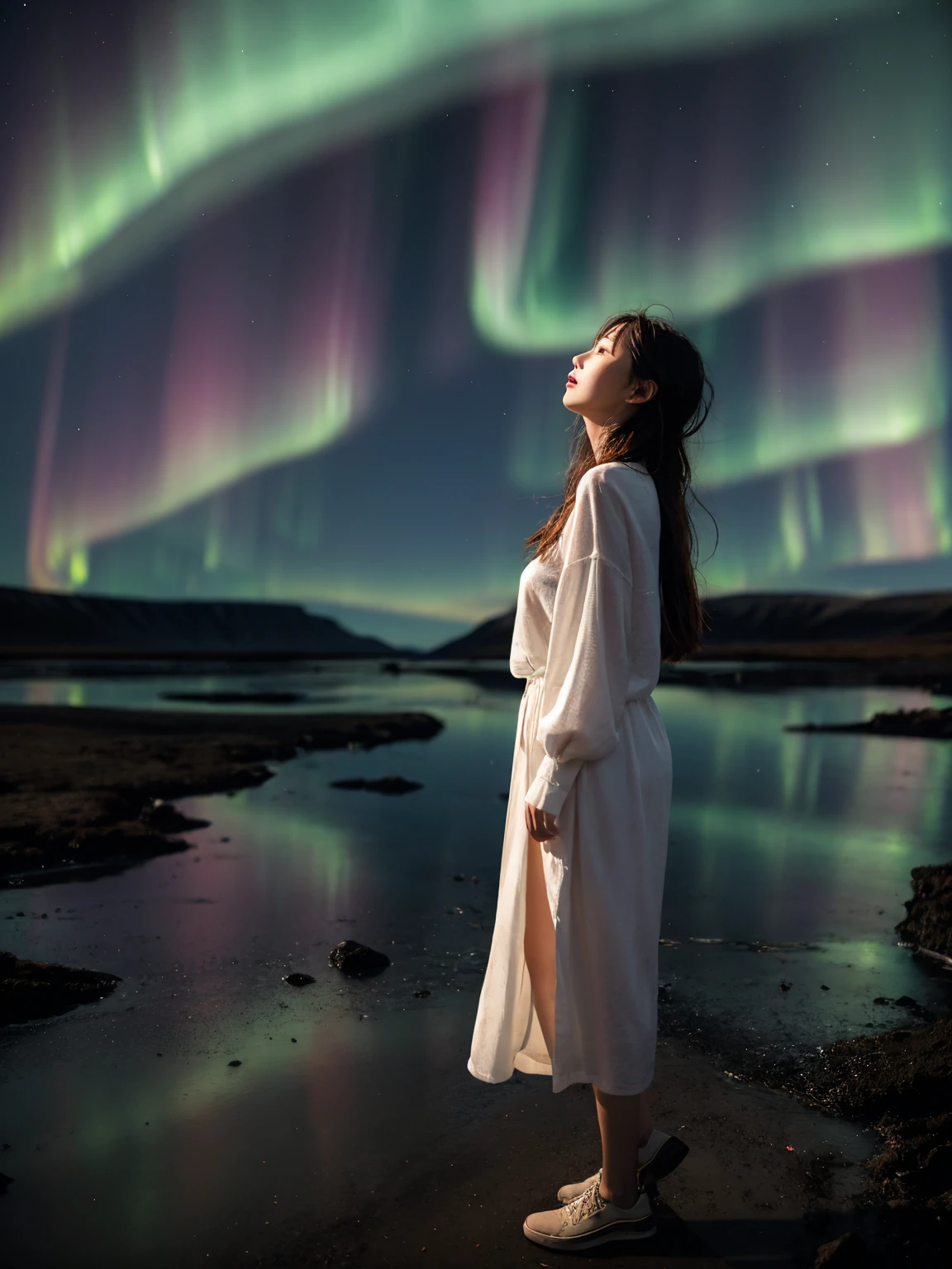 8k Beautiful Naked Asian woman, watching the night sky in the distance, with northern lights