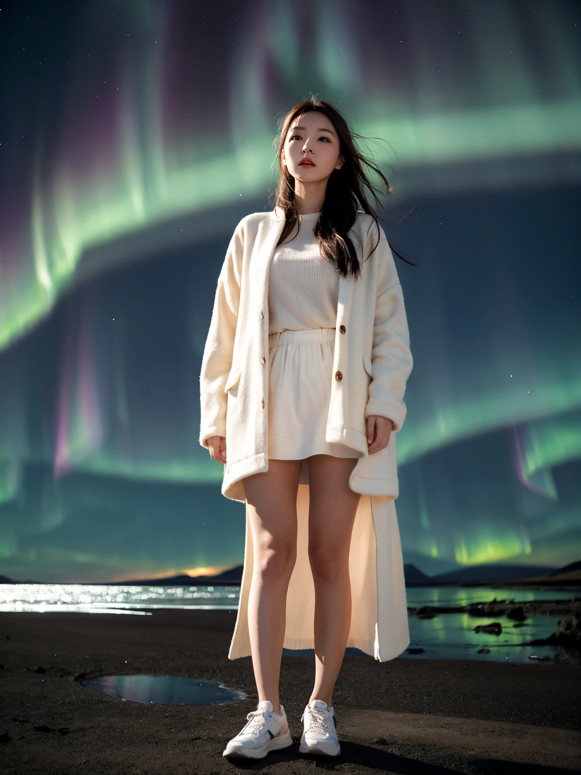 Aurora Background, Iceland, 1 woman, stylish clothes,