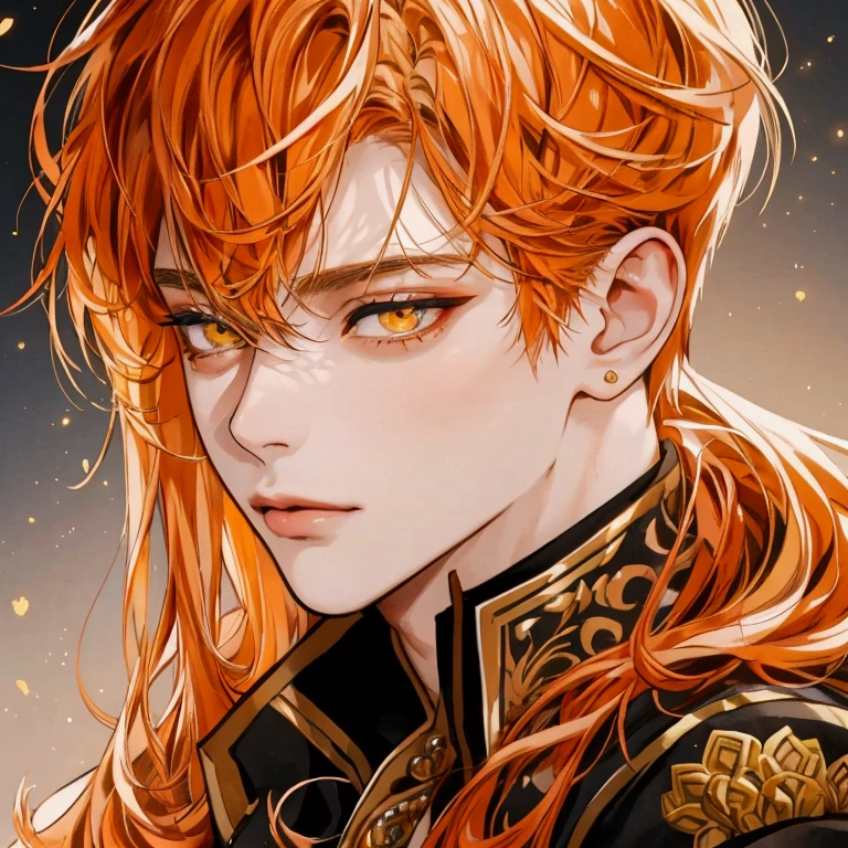 {{best quality}}}, {1boy}, depth of field, beautiful detailed eyes, {game cg}, angular face, beautiful guy, angular face, adult, watercolor on paper, {{{{{{2024 manhwa style}}}}}}, beautiful, sexy, {{{{perfect eyes}}}}, attractive, short hair, full lips, male model, cinematic masterpiece, {{{{{detailed high quality face}}}}}, 8k quality, {{{{{proportional face}}}}}, perfect face, stunning, perfect body, soft features, muted colors, Best quality, masterpiece, super high resolution, male, man, very handsome, beautiful, bright orange long hair, straight hair, bangs parted in the middle, solo, very attractive, golden eyes, shining, detailed background, ethereal, royal attire, royal clothes, very detailed, plump lips, sharp eyes, face view, golden eyes, yellow eyes, orange hair, Yellow hair, long hair