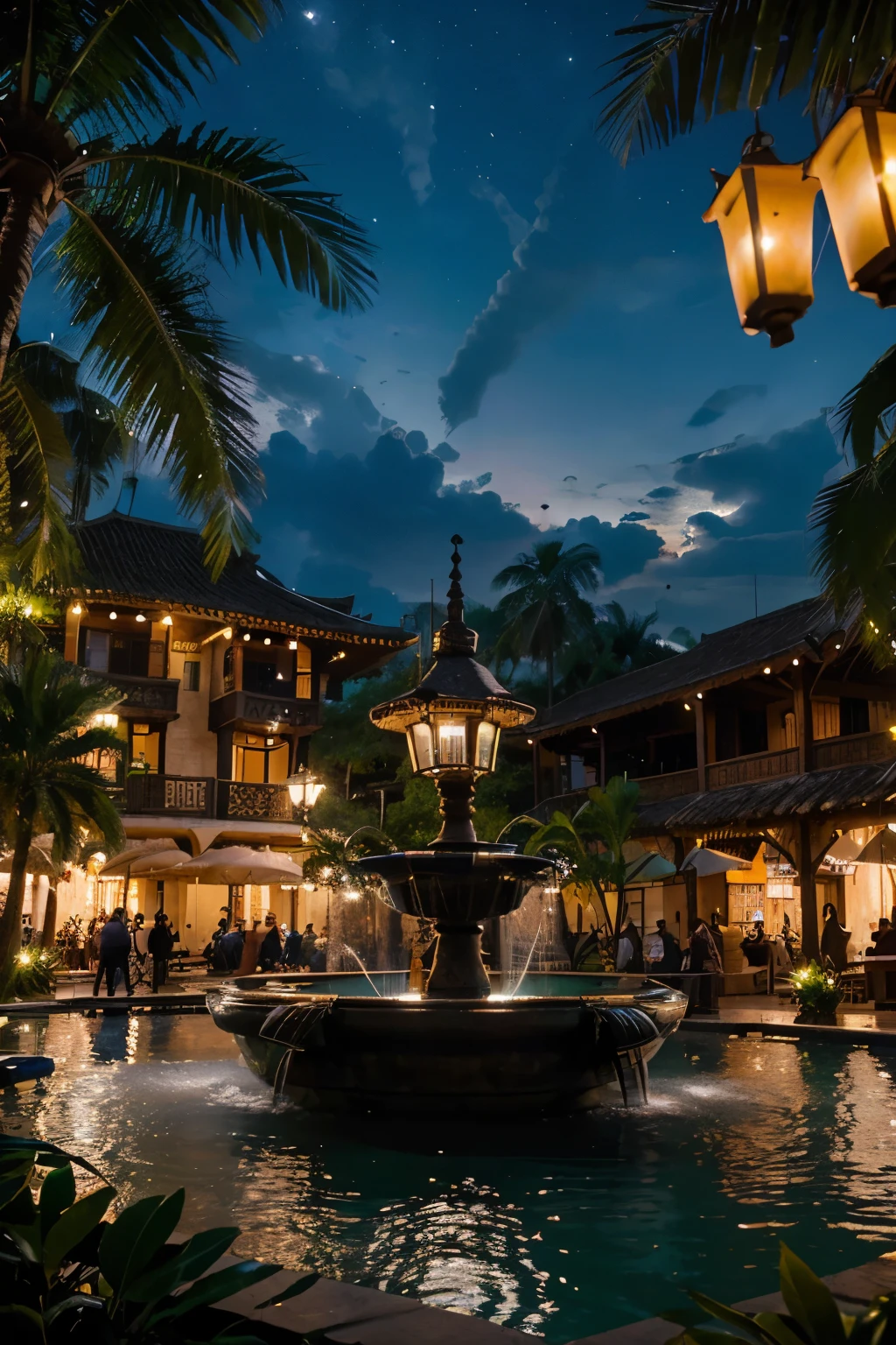 full nighttime view for an Urban tropical village, hyperrealistic, hanging gardens, lanterns, southeast asian architecture, megastructure, large grand bazaar, masterpiece, plaza, fountain,
