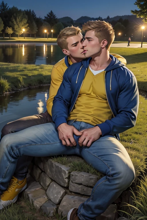 Two men, photo realistic. A 16-year-old, handsome, lean man with short-cut, blond hair and blue eyes, wearing a brown sweatshirt, and khaki pants, sitting in the lap of a 17-year-old, handsome, athletic, Caucasian man with short, shaved brown hair, and blue eyes, wearing a blue and yellow jersey, and jeans, kissing, groping each other, laying on a grassy field, by a pond in a large city park, at night. Masculine, erotic, sexy, romantic, love, huge bulge.