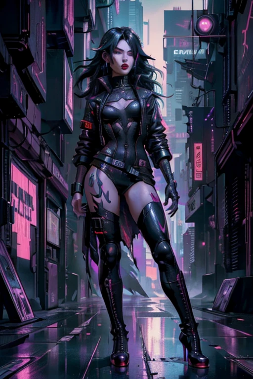 (full body:1.3),((ultra realistic illustration:1.2)),(cyberpunk:1.4),(dark sci-fi:1.3). Sexy Japanese woman, with long black hair, red lipstick, wearing leather lingersuit, fishnets, jacket, thigh high boots. Rebellious. Dystopic megacity, gritty, neon, hell, Armored Core, Battletech. Front Mission. Masterpiece, (highly detailed:1.2),(detailed face and eyes:1.2), 8k wallpaper, natural lighting. core shadows, high contrast, bokeh.