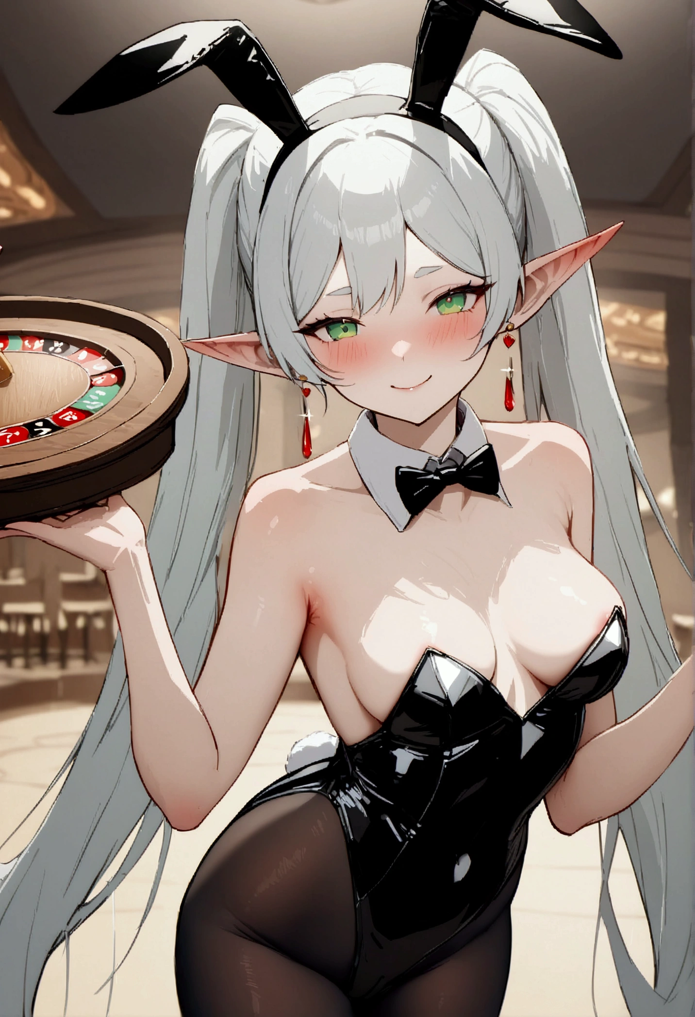 NSFW,masterpiece,Highest quality,High resolution,Very detailed,Frielen\(葬送のFrielen\),Pointed Ears,Green Eyes,Twin tails,very long hair of white color,, Earrings, Bunny,Black Pantyhosino,Bad Smile,heart,blush,tray,sake