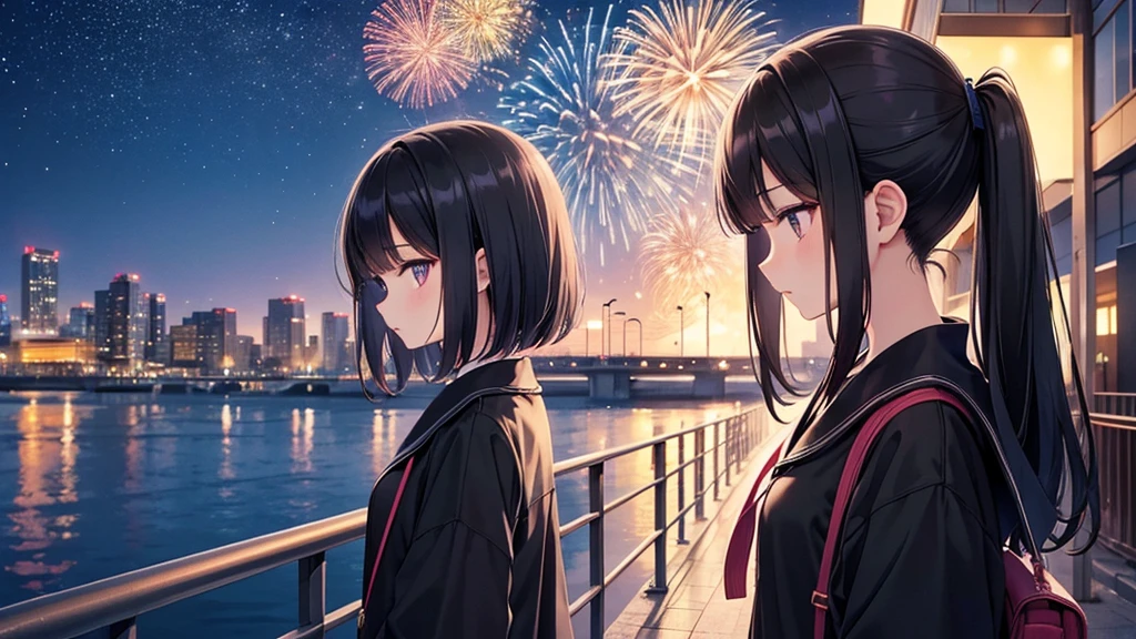 The Osaka fireworks festival is the setting。A young girl with black hair wearing stylish clothes and headphones labeled "lo-fi" The girl is shown in profile, gazing into the distance with a calm, relaxed expression Background depicts the iconic scenery of Namba, Osaka at night, without any text on signs A starry night sky adding to the peaceful atmosphere Overall mood is quiet and serene, perfect for lo-fi music Detailed hair rendering and careful attention to the girl's fashionable outfit The entire scene should evoke a relaxing, introspective feeling associated with lo-fi music